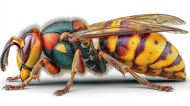 Close-up view of a colorful wasp showcasing intricate details of its body structure and vibrant coloration photo