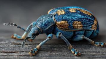 Close-up view of a vibrant blue beetle crawling on wooden surface in natural light photo