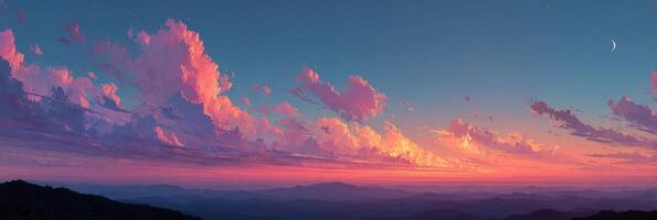 Stunning sunset over rolling mountains showcases vibrant colors and serene atmosphere during twilight photo
