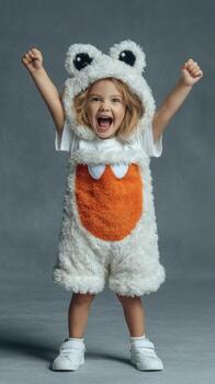 Child in fluffy monster costume joyfully celebrating during a photoshoot in a studio setting photo