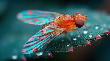 Colorful fly resting on a leaf surrounded by droplets in a vibrant natural setting photo