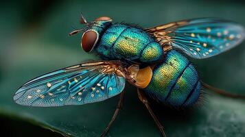 Vibrant blue fly perched on leaf highlighting nature's intricate details photo