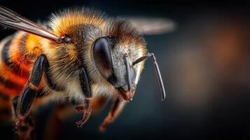 Close-up view of a honeybee showcasing its detailed features and natural colors in a garden during daytime photo