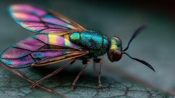 Colorful iridescent fly perched on a leaf with vivid patterns in natural habitat photo