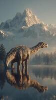 Large dinosaur standing in a serene lake surrounded by snow-capped mountains at dawn photo