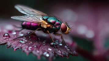 Colorful fly perched on a vibrant leaf with water droplets, capturing intricate details of nature in the morning light photo