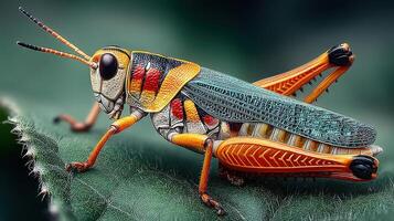 Close-up view of a colorful grasshopper resting on a green leaf in a natural habitat during the day photo