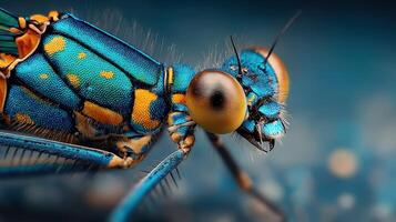 Striking close-up of a vibrant blue and orange insect displaying intricate details and textures in a natural setting photo