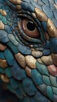 Close-up view of a colorful reptile showcasing intricate scale patterns and vibrant colors in a natural habitat during daylight photo