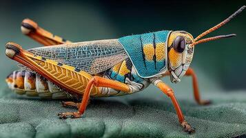 Colorful grasshopper resting on green foliage in natural habitat during bright daylight photo