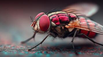 Close-up view of a bright red-eyed fly crawling on a textured surface in soft light ambiance photo