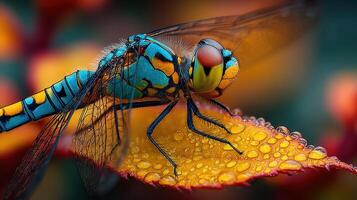 Vibrant dragonfly perched on a leaf adorned with droplets after a fresh rain in a lush garden during the morning hours photo