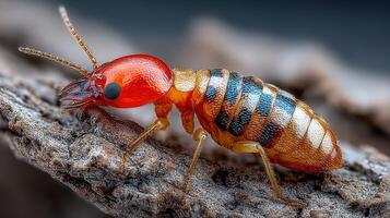 Detailed close-up of a vibrant red beetle on textured wood in natural habitat capturing intricate features and colors photo