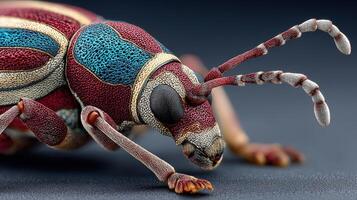 Close-up view of a vibrant beetle showcasing intricate patterns and textures in studio lighting photo