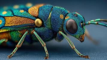 Colorful metallic beetle showcasing intricate details in a close-up view photo
