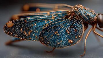 Intricate close-up of an insect highlighting delicate blue wings and detailed textures under study at a laboratory photo