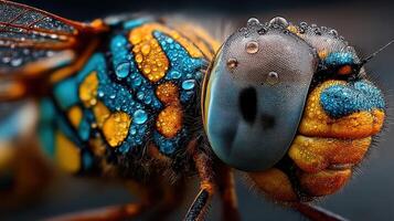 Colorful insect rests on a surface covered in dew at dawn showcasing intricate details and vibrant patterns photo