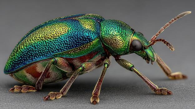 Colorful green beetle displaying intricate patterns and textures under close-up observation in a studio setting photo