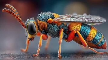 Close-up view of a colorful insect showcasing intricate details and vibrant colors in a natural setting after rain photo