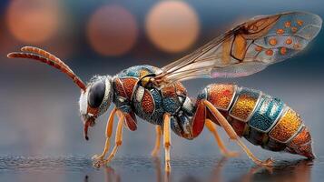 Intricate details of a colorful insect captured in macro view against a softly blurred background photo