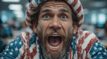 Enthusiastic man celebrating in patriotic attire at a lively event during the day in an indoor setting photo