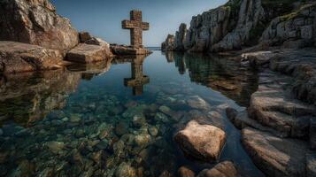 Stone cross reflected in clear water at coastal rock formation during midday photo
