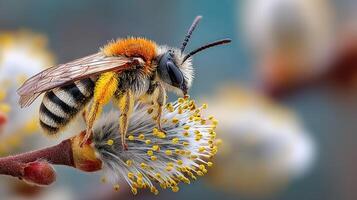 Close-up view of a bee pollinating a flower in spring, showcasing detailed anatomy and vibrant colors of nature photo