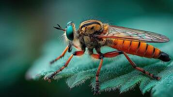 Macro view of a vibrant insect perched on a green leaf during daylight hours photo