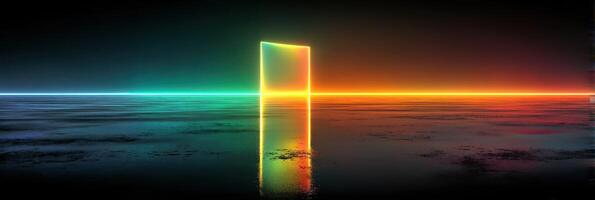Vibrant neon doorway reflecting on a calm surface at dusk in a surreal landscape photo