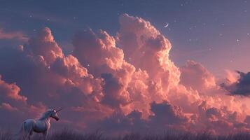 Enchanting unicorn stands against a backdrop of soft pink clouds at dusk under a crescent moon photo