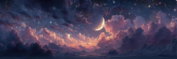 Night sky filled with clouds and stars showcasing a crescent moon over a tranquil landscape at dusk photo