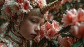 Young girl adorned in floral crown and unicorn horn immersed in blooming azaleas during springtime celebration photo