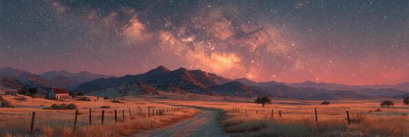 Vast desert landscape under a starry night sky with the Milky Way and a small house in the distance photo