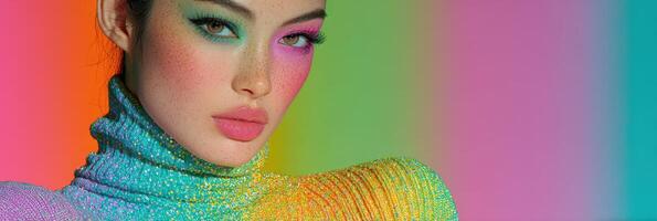 Model showcases vibrant makeup with colorful lighting during a fashion shoot in a studio setting photo
