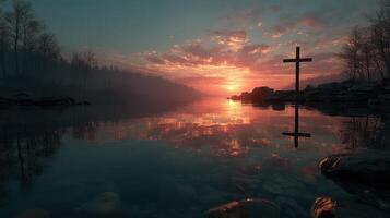Sunset reflections on a lake with a cross by the shore in a serene forest landscape photo