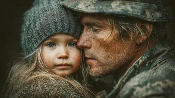 Emotional moment between a soldier and a child in a dusty environment during a chilly day photo