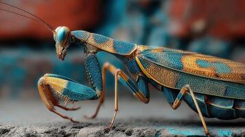 Colorful mantis explores its surroundings in an urban setting during daylight hours photo