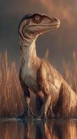 Dinosaur-like creature stands in wetland at sunset, showcasing impressive details and textures photo