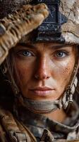 Portrait of a determined soldier saluting in military gear with fierce blue eyes and a confident expression photo