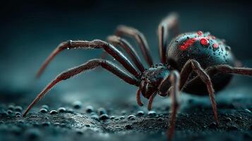 Spider crawling on wet surface showcasing intricate details and textures in low light conditions photo