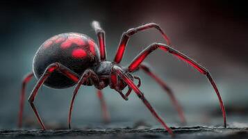 Close-up view of a red and black spider highlighted against a blurred dark background photo