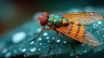 Vibrant fruit fly perched on a dewy leaf in a lush garden setting during the early morning hours photo