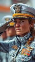 Saluting officer in military uniform at outdoor ceremony during daylight in a vibrant setting photo