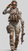Soldier saluting with rifle in tactical gear, showcasing a confident pose during military training photo
