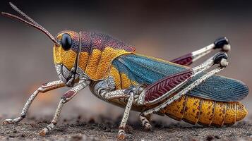 Colorful grasshopper resting on a surface, showcasing intricate patterns and vibrant hues in daylight photo