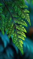 Intricate green fern leaves glistening with dew in a lush, tranquil forest setting during early morning light photo