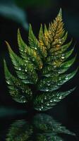 Glistening fern leaves with water droplets on dark background showcasing nature's beauty photo