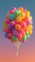 Colorful balloons float against a pastel sky during sunset, creating a whimsical and joyful atmosphere in a festive setting photo
