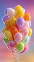 Colorful balloon bunch floats against a vibrant sunset sky creating a cheerful atmosphere during a festive occasion photo