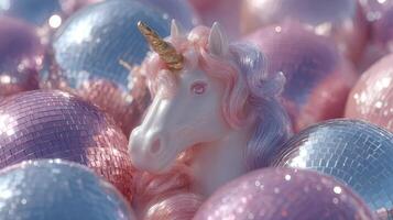 Colorful unicorn surrounded by shiny disco balls at a fun party setup in vibrant pastel tones photo